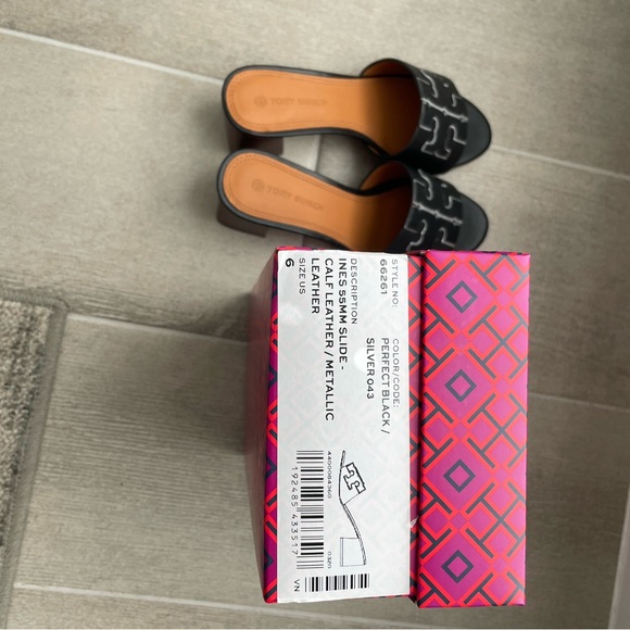 Tory Burch Ines Black Leather Mid Heel Slide Sandals Womens - Picture 4 of 5